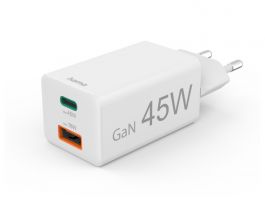 Hama Univerzális hálózati USB-A + Type-C töltő GAN PD QC, 45W, fehér (201993)